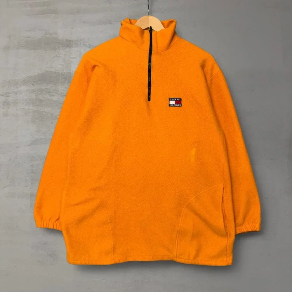 Vintage Tommy Hilfiger y2k Orange 1/4 Zip Fleece Pullover Sweater XL‎